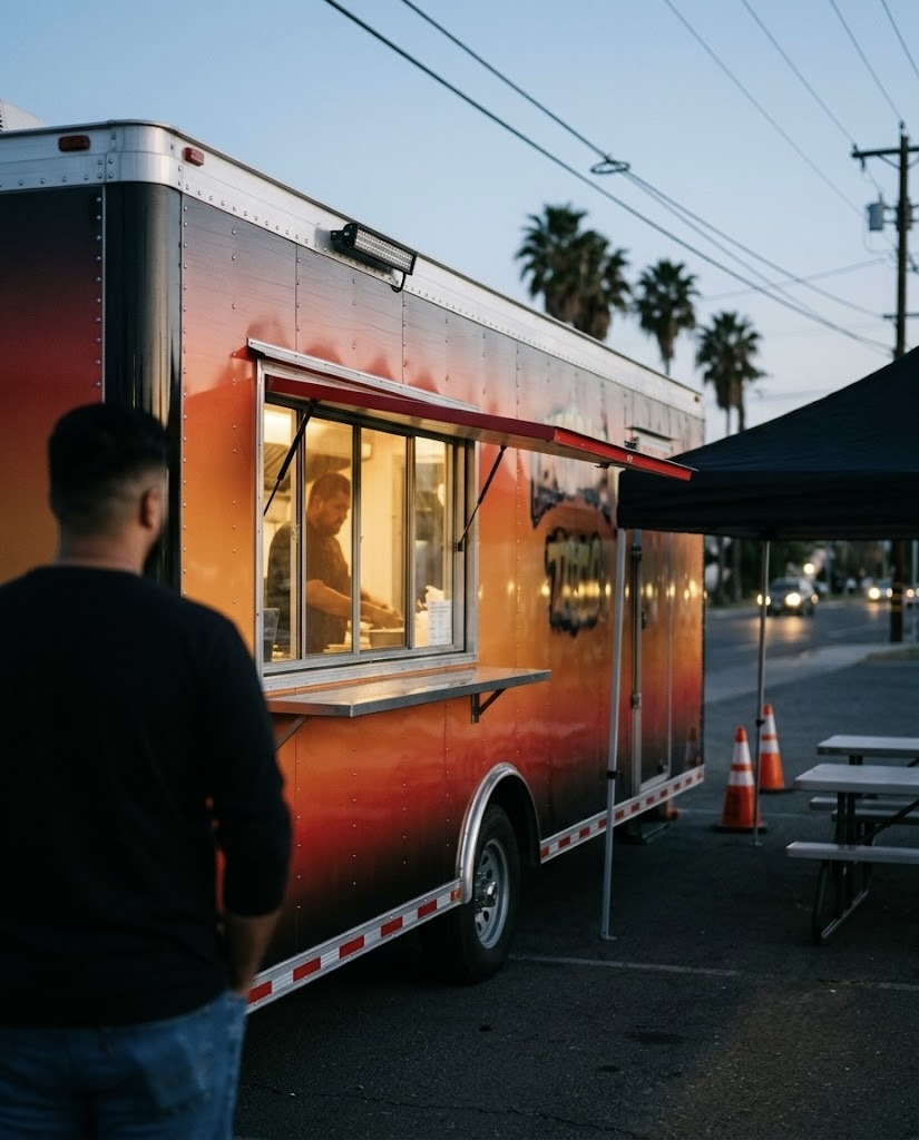 Ekam standing in front of an orange food truck in Merced at dusk